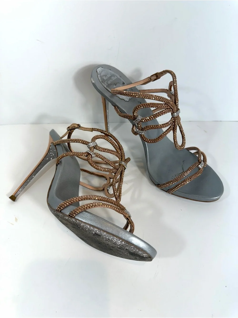 René Caovilla Crystal Butterfly Sandals 40.5 Rose Gold Gray Stiletto Heels Made